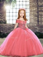 Wonderful Watermelon Red Tulle Lace Up Straps Sleeveless Little Girls Pageant Gowns Brush Train Beading