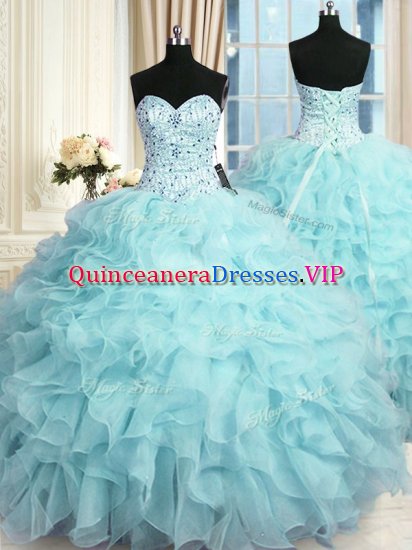 Sleeveless Organza Floor Length Lace Up Sweet 16 Dresses in Aqua Blue with Beading and Ruffles - Click Image to Close