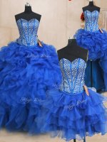 Four Piece Royal Blue Sweetheart Lace Up Beading and Ruffles 15 Quinceanera Dress Sleeveless(SKU PSSW0173KC003BIZ)