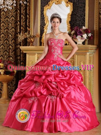 Montbeliard France Gorgeous Hot Pink Quinceanera Dress Strapless Floor-length Taffeta Ball Gown with Appliques Embroidery And Pick-ups