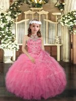 Beading Pageant Dress Womens Pink Lace Up Sleeveless Floor Length