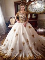 Extravagant Scoop Appliques Sweet 16 Dresses White Zipper Long Sleeves With Train Chapel Train