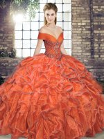 Latest Sleeveless Organza Floor Length Lace Up 15th Birthday Dress in Orange Red with Beading and Ruffles