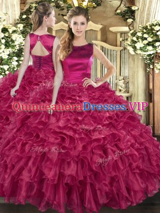 Deluxe Sleeveless Floor Length Ruffles Lace Up 15th Birthday Dress with Fuchsia