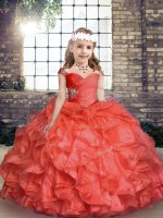 Coral Red Organza Lace Up Pageant Dress Toddler Sleeveless Floor Length Beading and Ruching