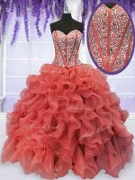 Beading and Ruffles Military Ball Dresses For Women Coral Red Lace Up Sleeveless Floor Length(SKU PSSW059-1BIZ)