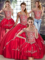 Enchanting Tulle Off The Shoulder Sleeveless Lace Up Beading and Embroidery Quinceanera Gowns in Red