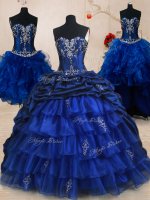 Four Piece Royal Blue Lace Up Sweetheart Beading and Ruffled Layers and Pick Ups Ball Gown Prom Dress Organza and Taffeta Sleeveless Brush Train