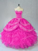 Organza Sweetheart Sleeveless Lace Up Embroidery and Ruffles Quince Ball Gowns in Fuchsia