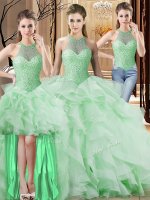 Fantastic Halter Top Sleeveless Quinceanera Dresses Brush Train Beading and Ruffles Apple Green Organza