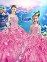 Floor Length Rose Pink Quinceanera Gown Sweetheart Sleeveless Lace Up