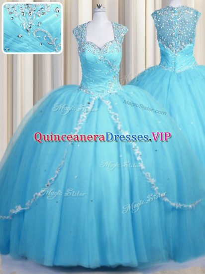 Lovely See Through With Train Ball Gowns Cap Sleeves Baby Blue Sweet 16 Quinceanera Dress Brush Train Zipper - Click Image to Close