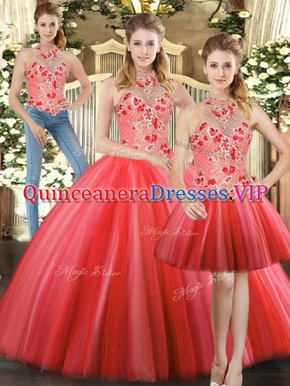 Red Three Pieces Embroidery Quinceanera Dresses Lace Up Tulle Sleeveless Floor Length