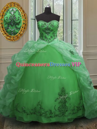 Beading and Appliques and Pick Ups Sweet 16 Dresses Green Lace Up Sleeveless With Train Court Train - Click Image to Close