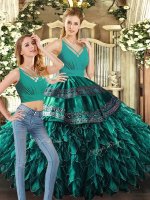 Pretty V-neck Sleeveless Quinceanera Dresses Floor Length Appliques and Ruffles Turquoise Organza
