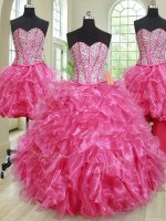 Delicate Four Piece Sleeveless Lace Up Floor Length Beading and Ruffles Sweet 16 Dress