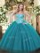 Fitting Teal Ball Gowns Appliques Vestidos de Quinceanera Lace Up Tulle and Sequined Sleeveless Floor Length