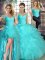 Fancy Aqua Blue Off The Shoulder Neckline Beading and Ruffles Quinceanera Dress Sleeveless Lace Up