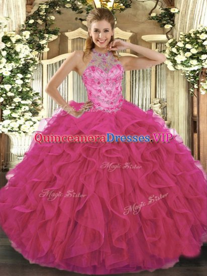 Floor Length Lace Up Ball Gown Prom Dress Hot Pink for Military Ball and Sweet 16 and Quinceanera with Beading and Embroidery - Click Image to Close