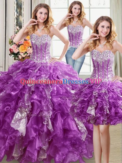 Customized Three Piece Purple Lace Up Sweet 16 Dress Beading and Ruffles and Sequins Sleeveless Floor Length - Click Image to Close