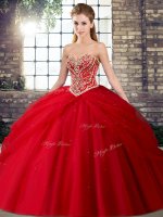 Red Sleeveless Brush Train Beading and Pick Ups 15th Birthday Dress