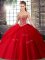 Red Sleeveless Brush Train Beading and Pick Ups 15th Birthday Dress