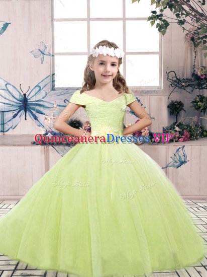 Tulle Off The Shoulder Sleeveless Lace Up Lace and Belt Little Girls Pageant Dress Wholesale in Yellow Green - Click Image to Close