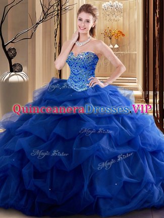 Pretty Floor Length Lace Up Quinceanera Gowns Royal Blue for Military Ball and Sweet 16 and Quinceanera with Beading