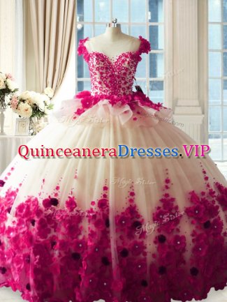Scoop Sleeveless Quinceanera Gown Brush Train Hand Made Flower Fuchsia Tulle