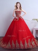 Simple Red Lace Up Strapless Appliques and Sequins Vestidos de Quinceanera Tulle Sleeveless Court Train(SKU YCQD098BIZ)