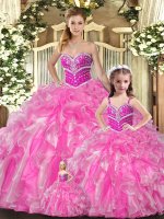 Hot Sale Rose Pink Lace Up Quinceanera Dresses Beading and Ruffles Sleeveless Floor Length