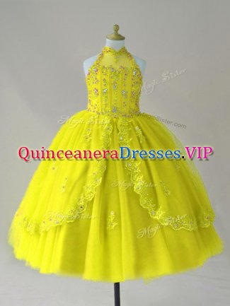 Tulle Sleeveless Floor Length Child Pageant Dress and Beading and Appliques