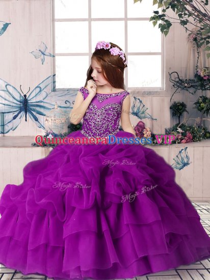 Beading and Pick Ups Pageant Dress for Girls Purple Zipper Sleeveless Floor Length - Click Image to Close