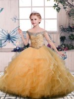 Gorgeous Gold Tulle Lace Up Off The Shoulder Sleeveless Floor Length Pageant Dress for Teens Beading and Ruffles(SKU PAG1193-5BIZ)