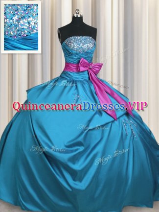 Teal Taffeta Lace Up Strapless Sleeveless Floor Length Quinceanera Gowns Beading and Ruching and Bowknot