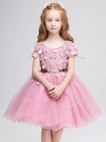 Perfect Mini Length Ball Gowns Short Sleeves Pink Pageant Dress for Girls Lace Up