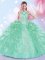 Chic Halter Top Floor Length Apple Green Quinceanera Dresses Organza Sleeveless Appliques and Ruffles