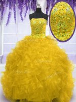 Captivating Strapless Sleeveless Brush Train Lace Up Quinceanera Gowns Gold Organza
