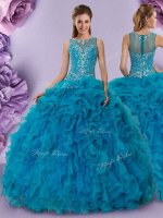 Clearance Scoop Floor Length Teal 15th Birthday Dress Organza Sleeveless Beading and Ruffles