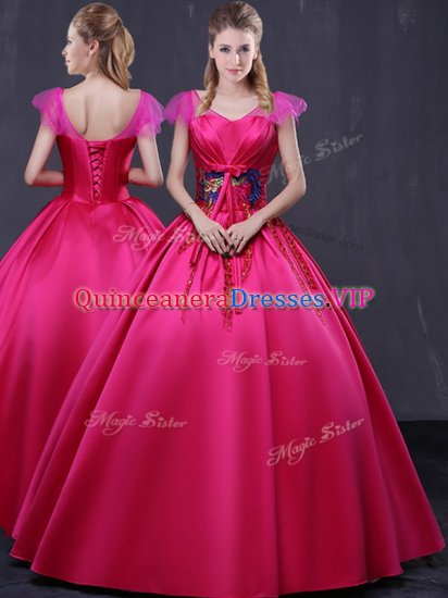 Cap Sleeves Lace Up Floor Length Appliques Quinceanera Dresses - Click Image to Close