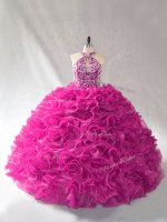 Dynamic Sleeveless Beading and Ruffles Lace Up Quince Ball Gowns with Fuchsia Brush Train(SKU PSSW1091-3BIZ)