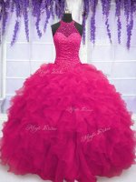 Fashionable Hot Pink Ball Gowns High-neck Sleeveless Organza Floor Length Lace Up Beading and Ruffles Vestidos de Quinceanera