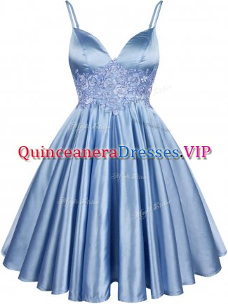Spaghetti Straps Sleeveless Court Dresses for Sweet 16 Knee Length Lace Light Blue Elastic Woven Satin