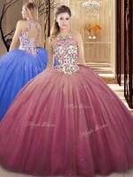 Spectacular High-neck Sleeveless Sweet 16 Dresses Floor Length Lace and Appliques Burgundy Tulle