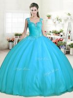 Extravagant Ball Gowns Ball Gown Prom Dress Aqua Blue Straps Tulle Sleeveless Floor Length Zipper(SKU YYPJ053-1BIZ)
