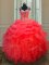 Coral Red Zipper Straps Beading and Ruffles Quinceanera Gown Organza Sleeveless