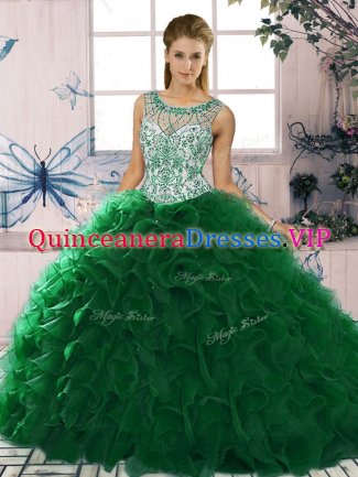 Fabulous Beading and Ruffles Sweet 16 Quinceanera Dress Dark Green Lace Up Sleeveless Floor Length