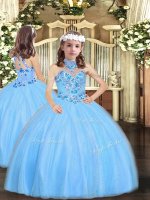 Super Floor Length Baby Blue Glitz Pageant Dress Tulle Sleeveless Appliques