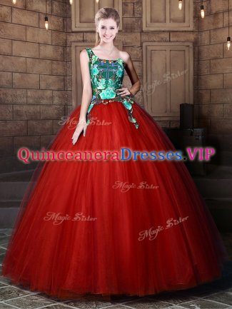 Adorable Rust Red Ball Gowns Tulle One Shoulder Sleeveless Pattern Floor Length Lace Up Sweet 16 Dress