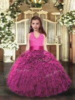 Super Hot Pink Sleeveless Floor Length Ruffles Lace Up Pageant Gowns For Girls